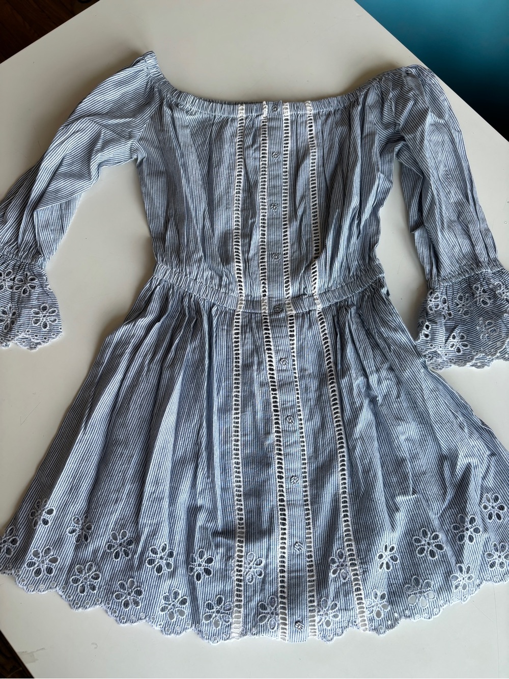 Tularosa Blue & White Striped Off-Shoulder Eyelet Dress
